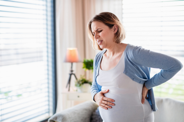 Waist-up portrait of pregnant woman in pain indoors at home.