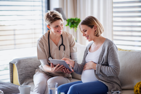 A healthcare worker with tablet talking to pregnant woman indoors at home.