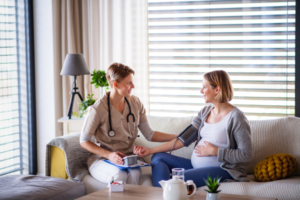 A healthcare worker examining pregnant woman indoors at home, checking blood pressure.