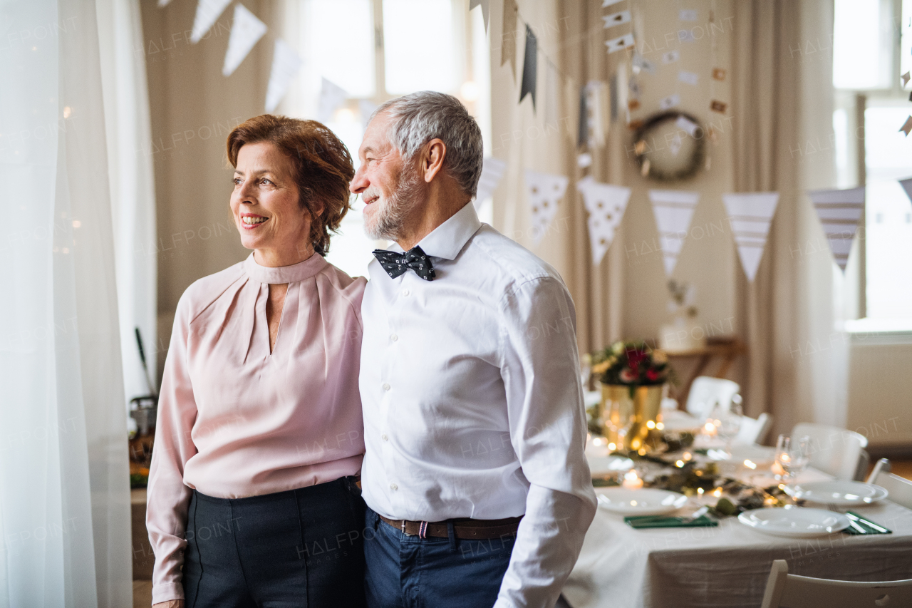 A portrait of a senior couple standing indoors in a room set for a party. Copy space.