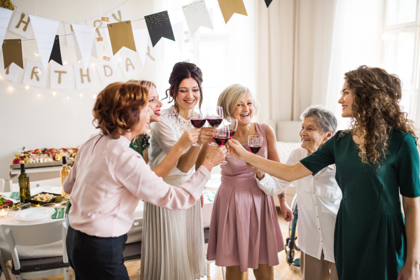 A multigeneration family clinking glasses with red wine on a indoor family birthday party, making a toast.