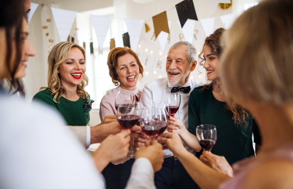 A multigeneration family clinking glasses with red wine on a indoor family birthday party, making a toast.