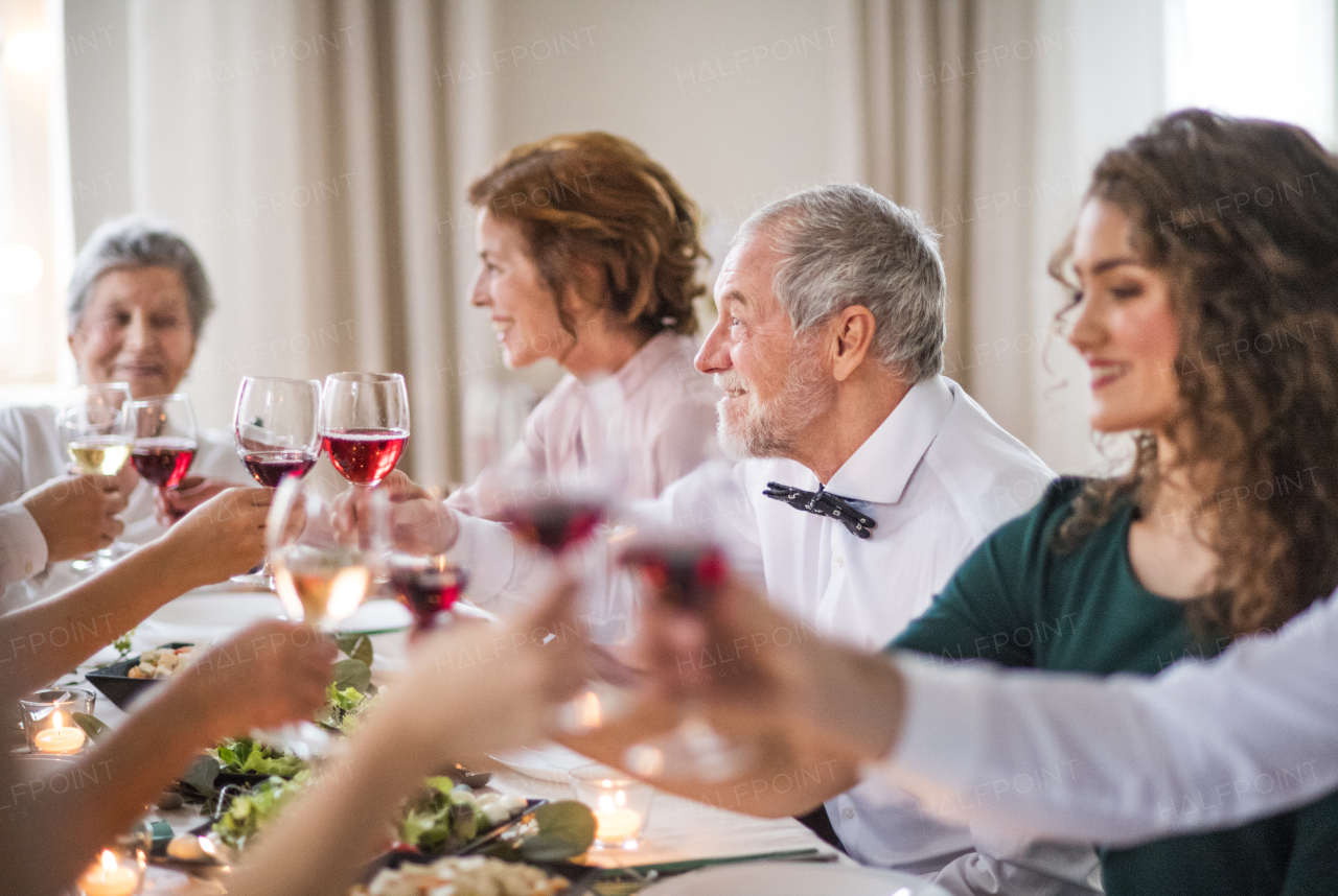 A big family sitting at a table on a indoor birthday party, clinking glasses with red wine.