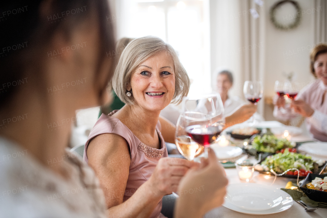 A big family sitting at a table on a indoor birthday party, clinking glasses with wine.