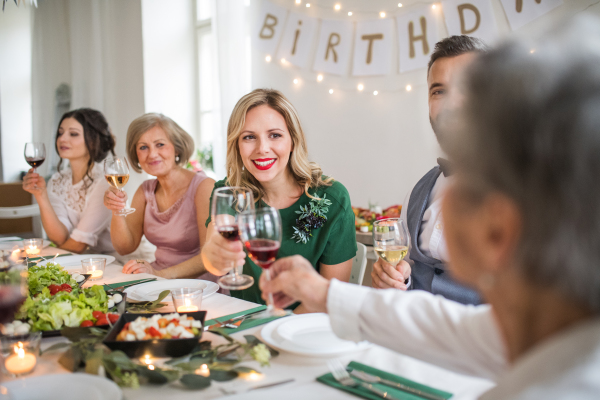 A big family sitting at a table on a indoor birthday party, clinking glasses with red wine.