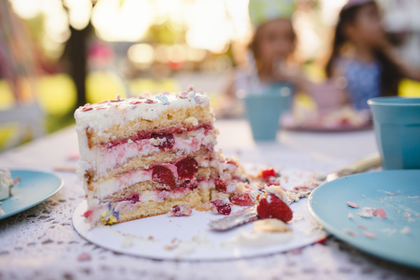 Piece of cake on plate on table on summer garden party, birthday celebration concept.