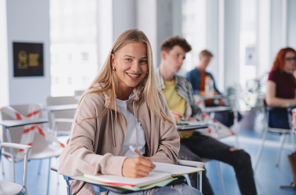 A portrait of group of university students sitting in classroom indoors, studying