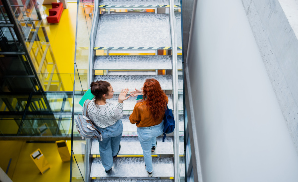 A rear view of university students walking up the stairs indoors, talking.