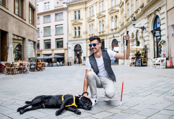 A young blind man with white cane and guide dog on pedestrian zone in city.