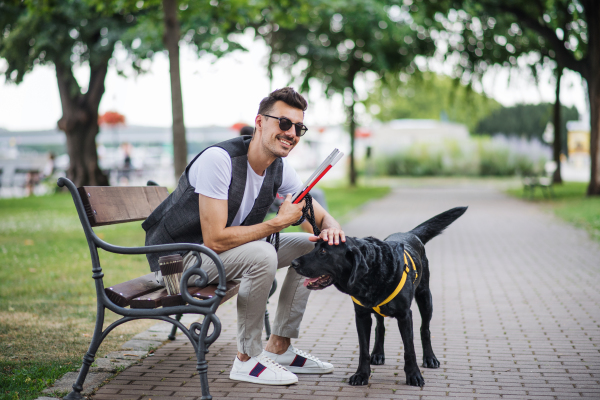 Young blind man with white cane and guide dog sitting on bench in park in city, resting.