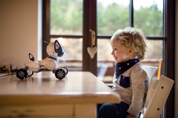 A happy cute toddler boy sitting indoors at home, playing with robotic dog.