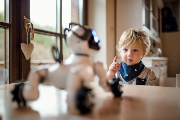 A happy cute toddler boy standing indoors at home, playing with robotic dog.