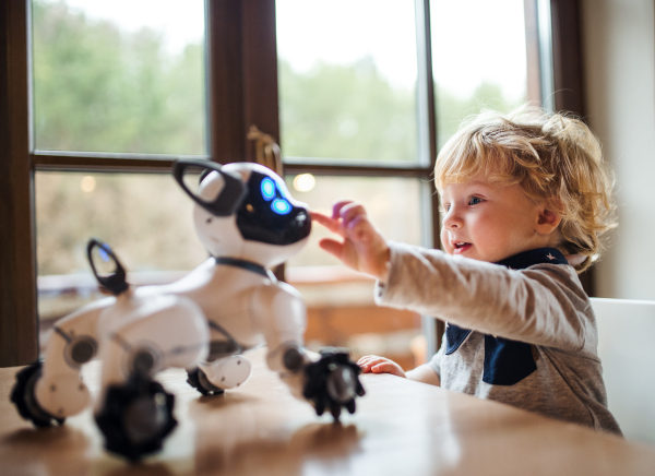 A happy cute toddler boy standing indoors at home, playing with robotic dog.