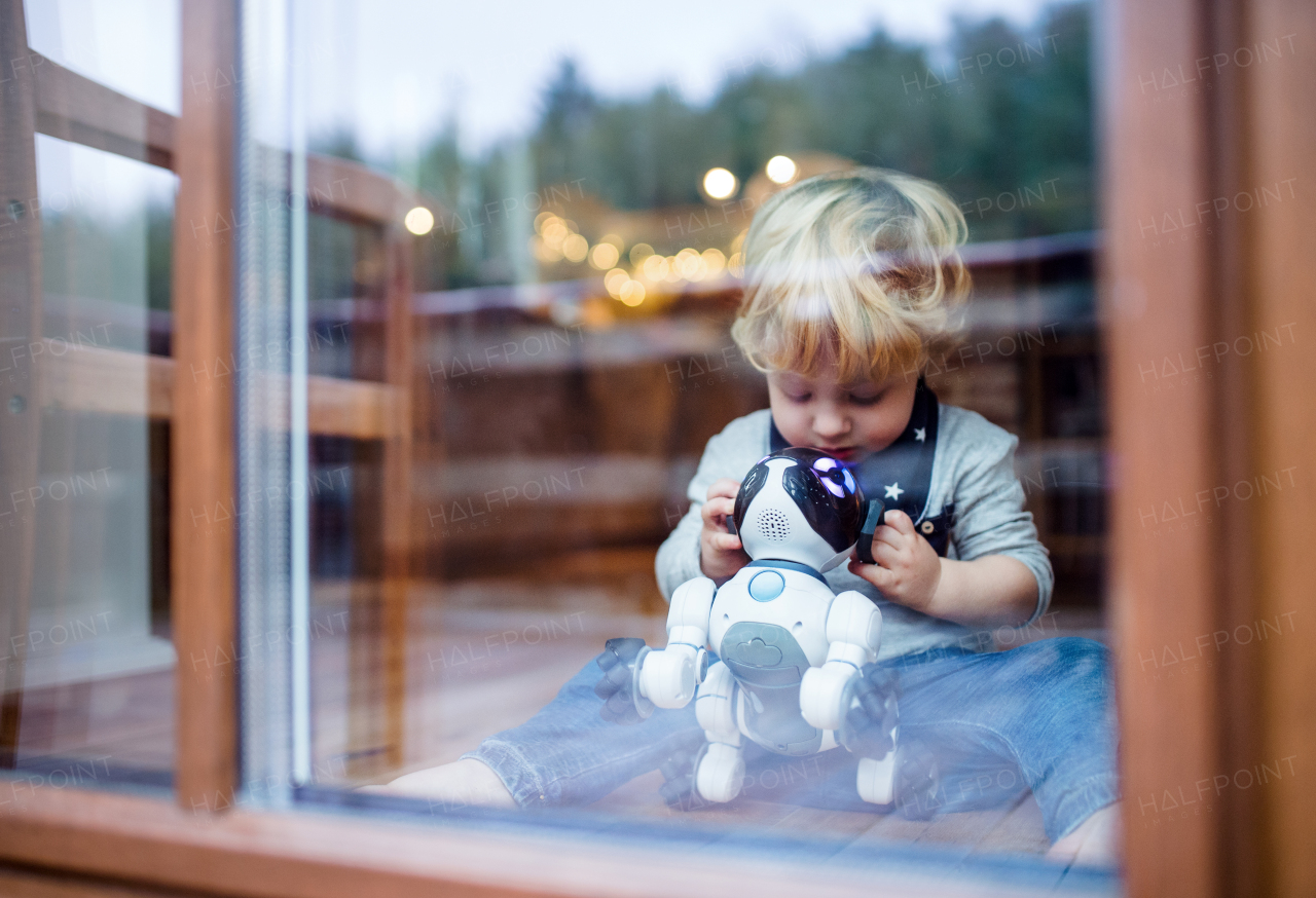 A happy cute toddler boy sitting on the floor indoors at home, playing with robotic dog. Shot through glass.