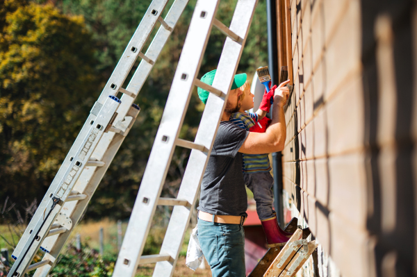 A side view of father and toddler boy outdoors in summer, painting wooden house.