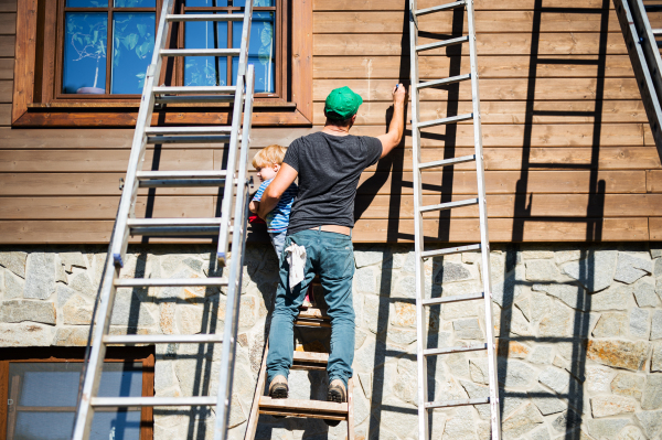 A rear view of father and toddler boy outdoors in summer, painting wooden house.