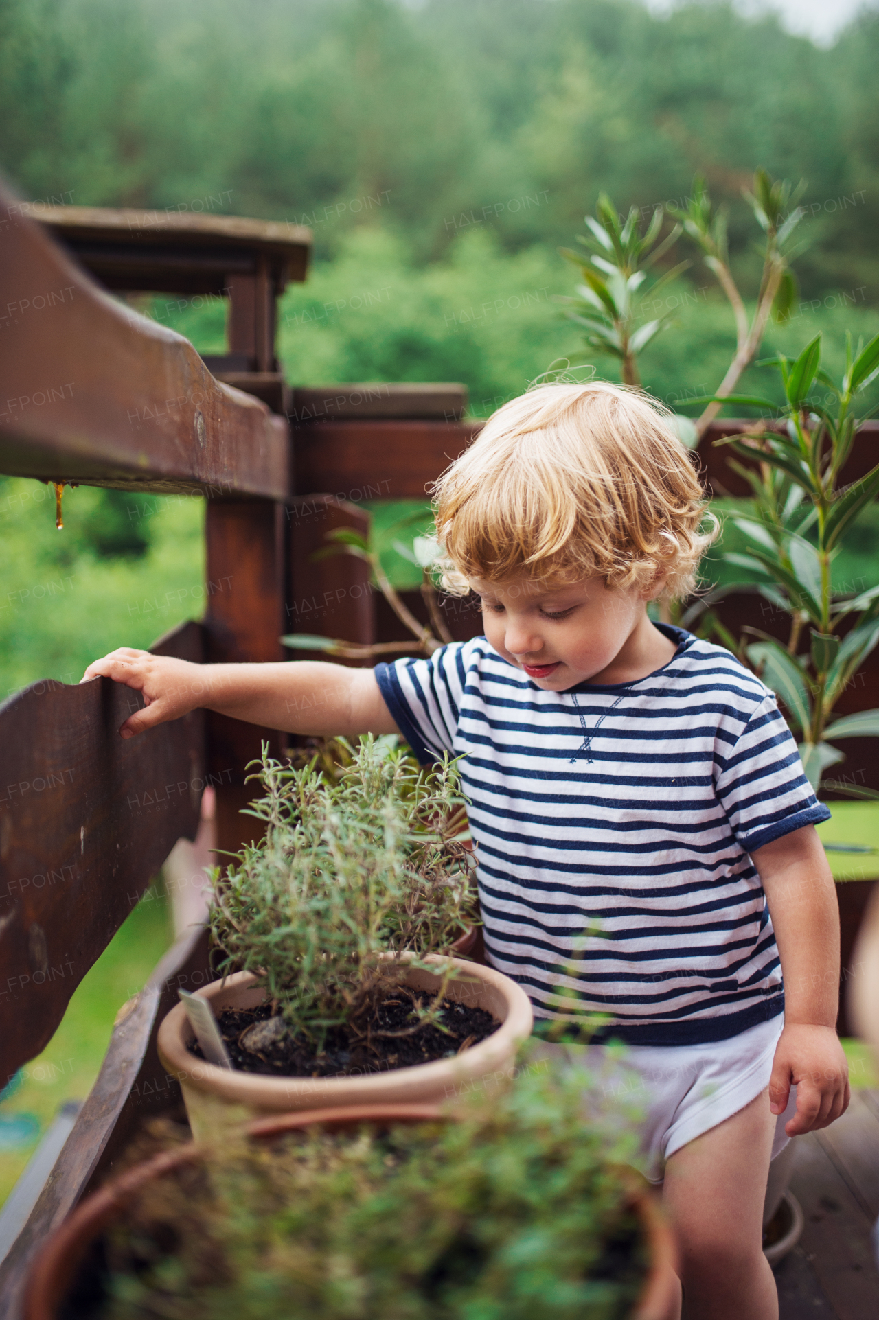 A happy toddler boy standing outdoors on a terrace in summer.