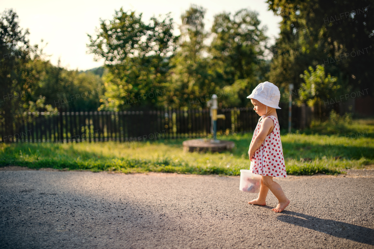 A cute toddler girl walking outdoors on road in countryside in summer. Copy space.