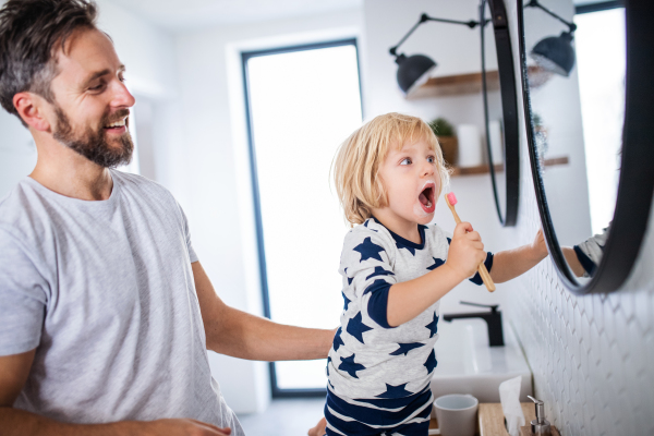 Mature father with small son indoors in bathroom, brushing teeth in the morning or evening.