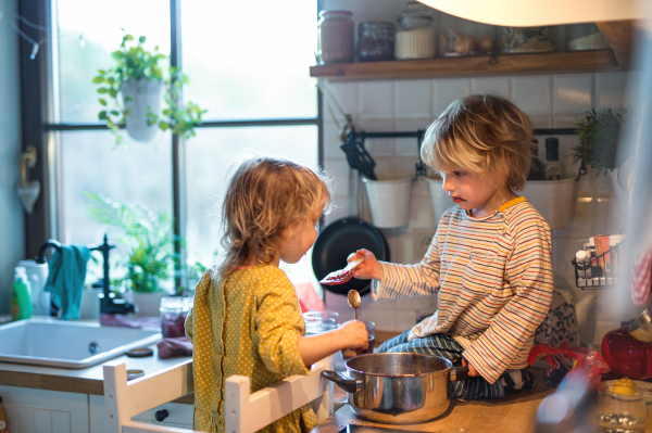 Happy small boy and girl indoors in kitchen at home, helping with cooking.