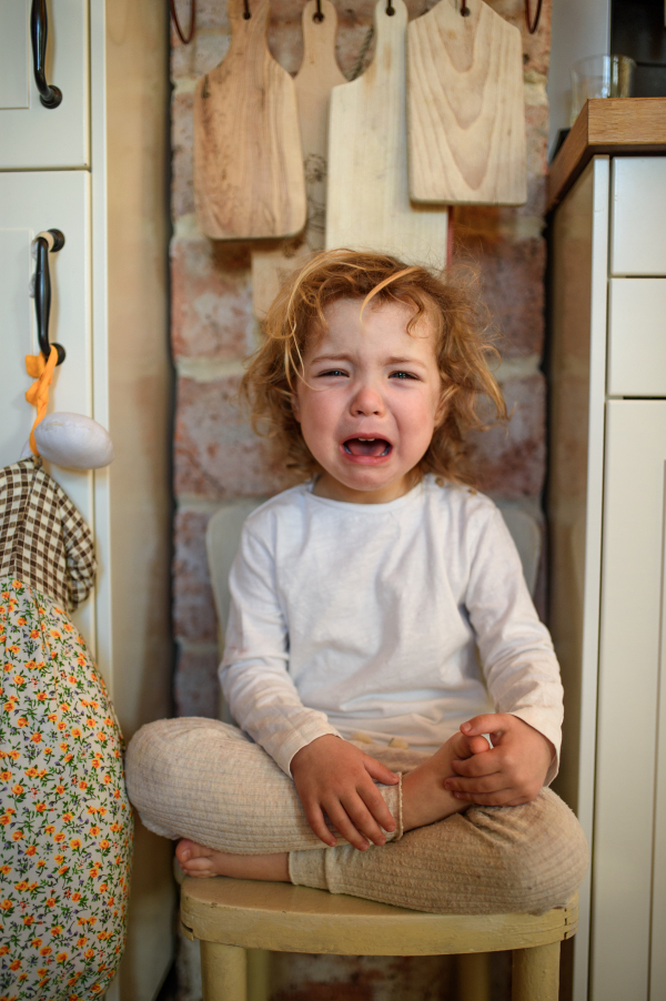 Portrait of unhappy small girl sitting indoors in kitchen at home, looking at camera and crying.