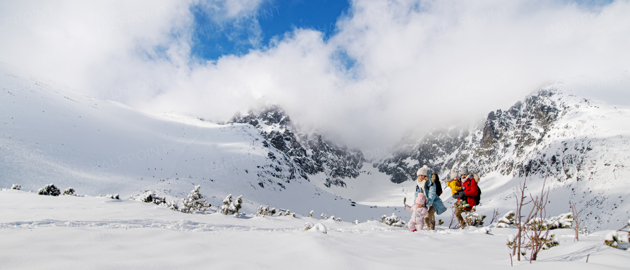 Front view portrait of father and mother with two small children in winter nature, playing in the snow.