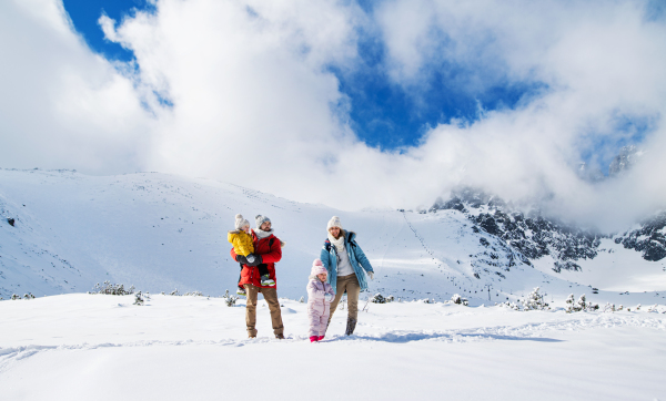 Front view portrait of father and mother with small son in winter nature, standing in the snow.