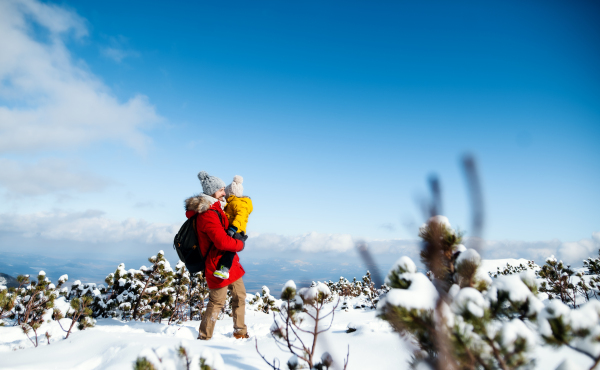 Father holding small son in snow in winter nature, holiday in Slovakia concept. Copy space.