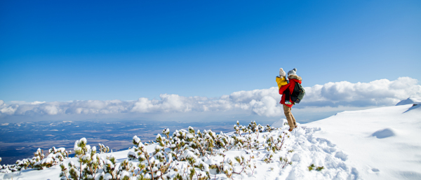 Father holding small son in snow in winter nature, holiday in Slovakia concept. Copy space.