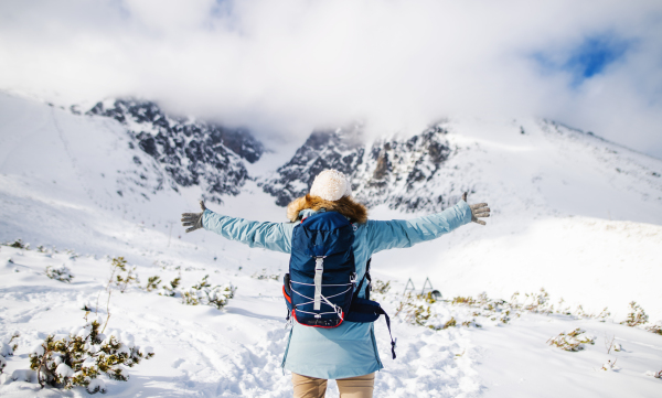 A rear view of young woman standing in snowy winter nature, arms stretched.