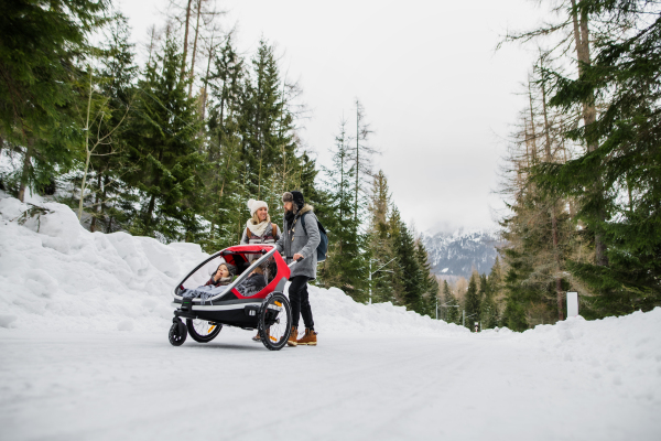 Father and mother with two small children sitting in trailer, walking in snow in winter nature.