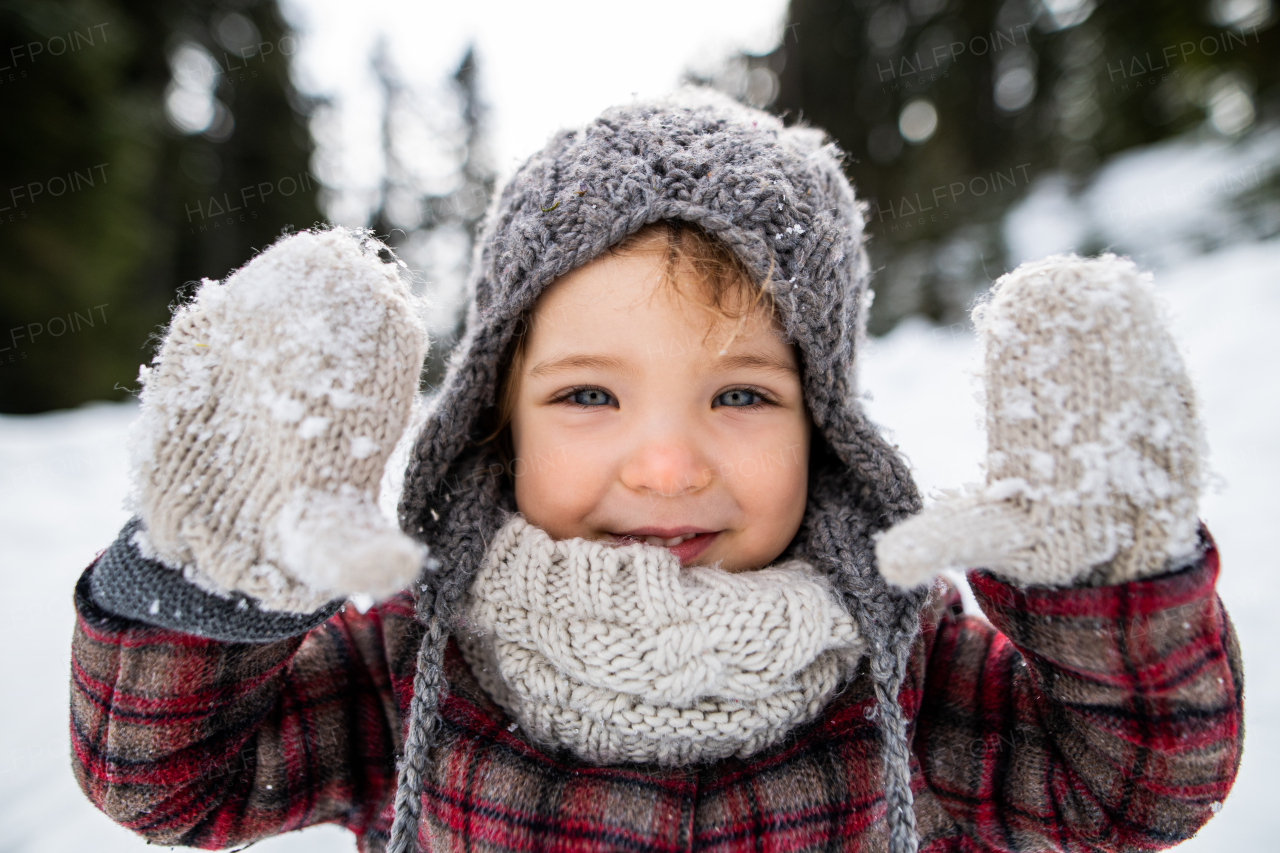 Front view close-up portrait of cheerful small toddler girl standing in winter nature, looking at camera.