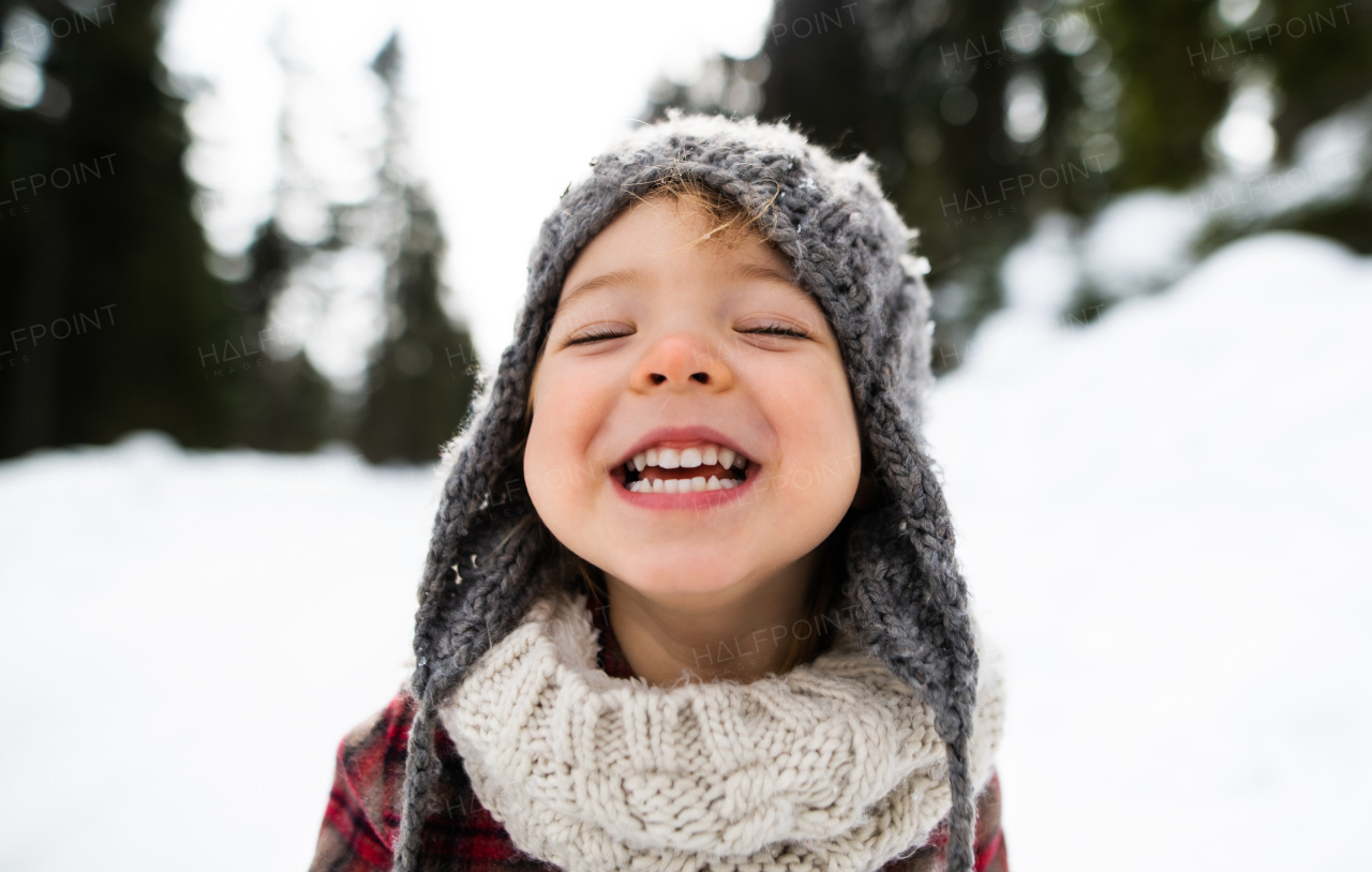 Front view close-up portrait of cheerful small toddler girl standing in winter nature, looking at camera.