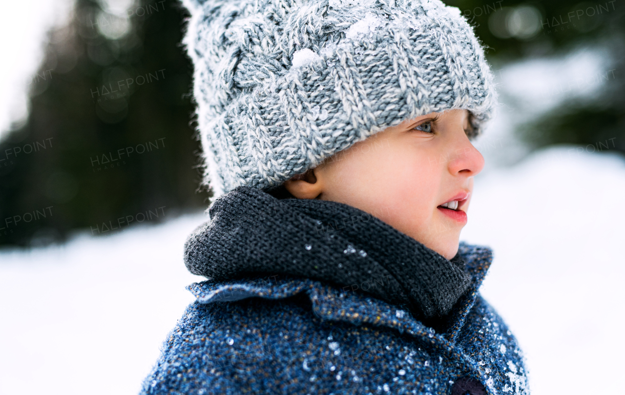 Side view of happy small child standing in snow, holiday in winter nature.