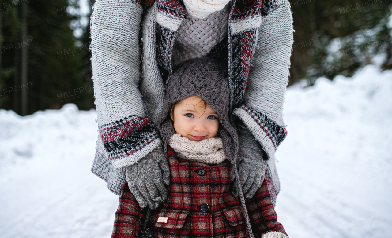 Midsection of unrecognizable mother with small daughter standing in winter nature.