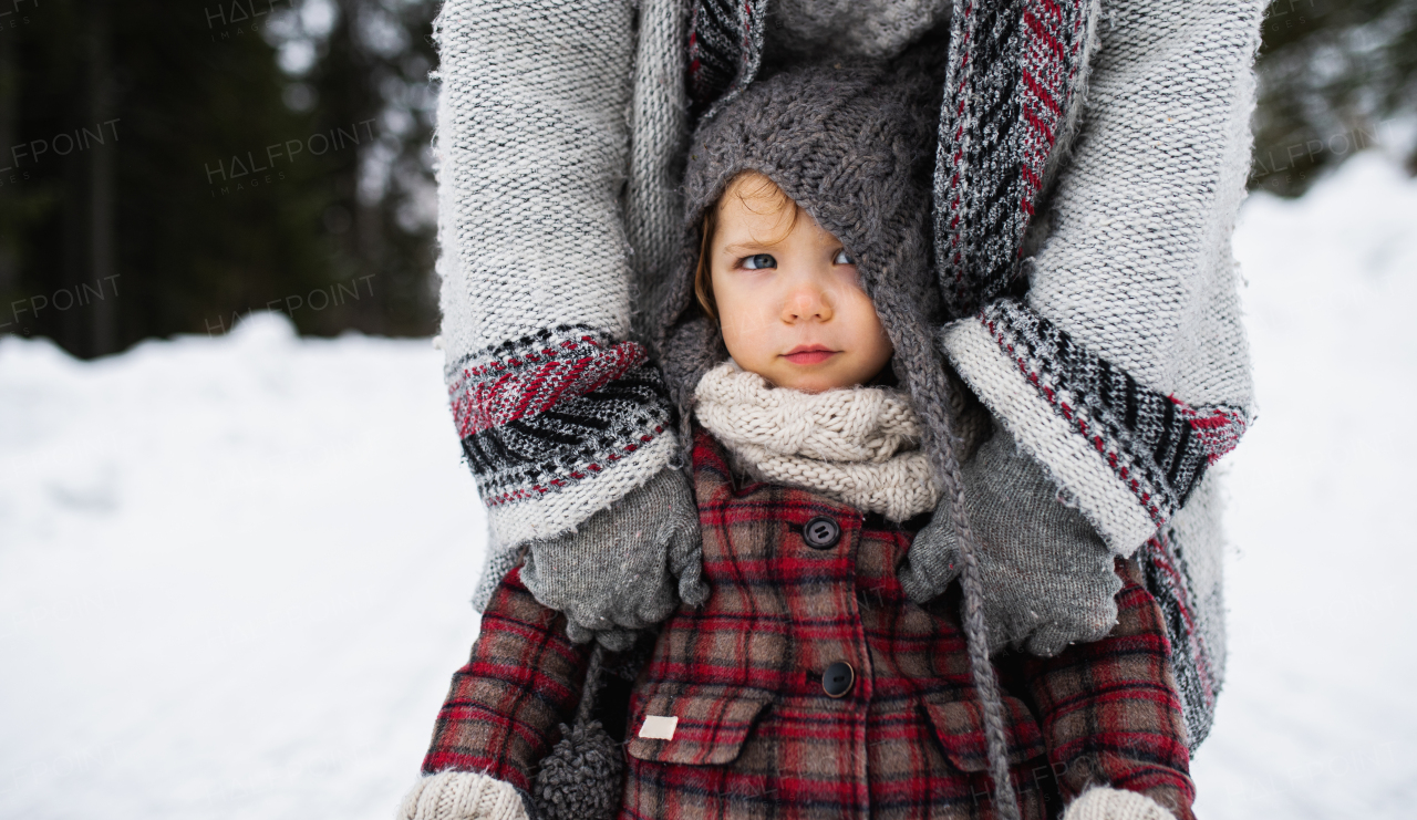 Midsection of unrecognizable mother with small daughter standing in winter nature.