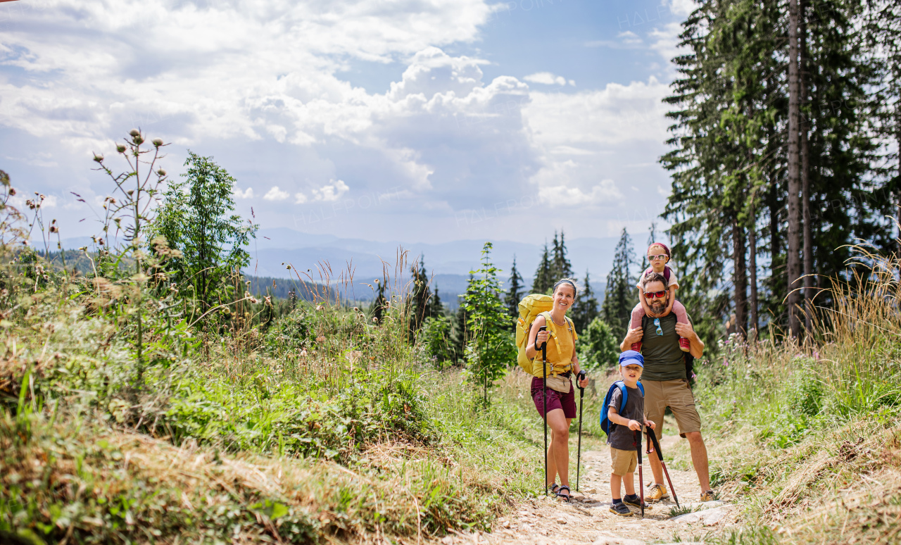 Front view of family with small children hiking outdoors in summer nature.