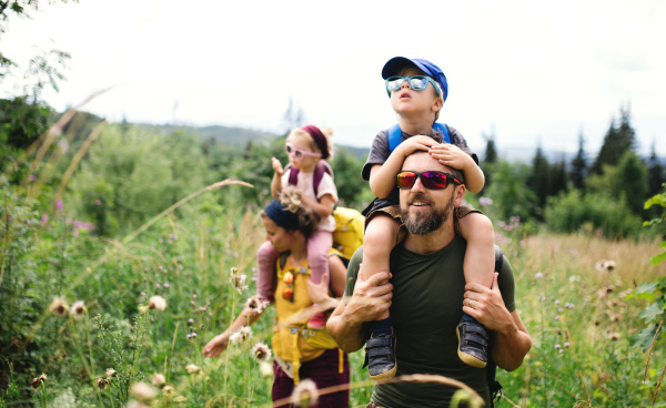 Front view of family with small children hiking outdoors in summer nature.