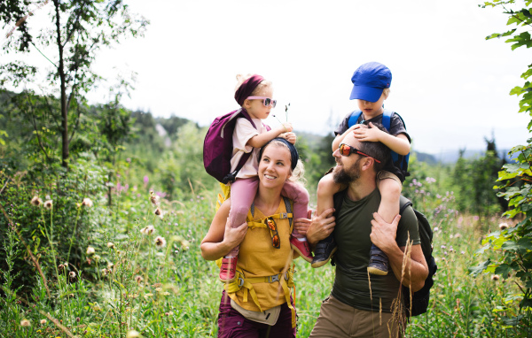 Front view of family with small children hiking outdoors in summer nature.