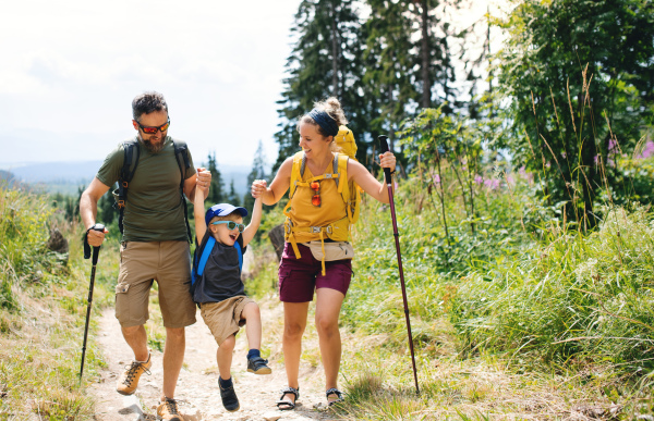 Front view of family with small son hiking outdoors in summer nature.