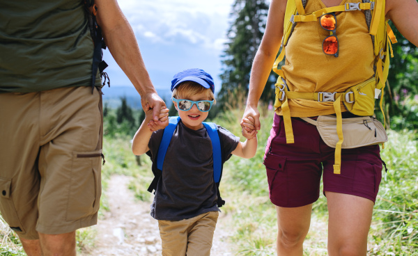 Front view of small boy with unrecognizable parents hiking outdoors in summer nature, holding hands.