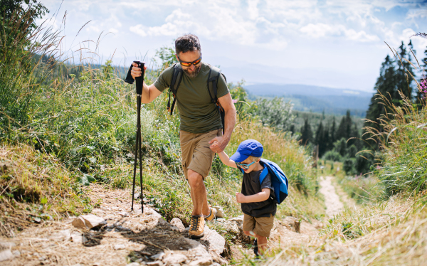 Father with small son hiking outdoors in summer nature, walking. Tatra mountains in Slovakia.