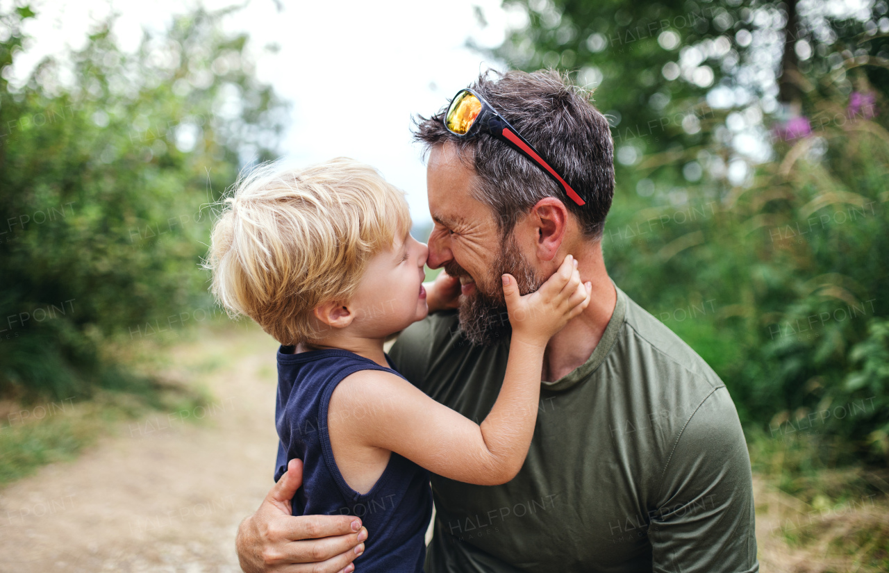 Mature father with small son hiking outdoors in summer nature, having fun.