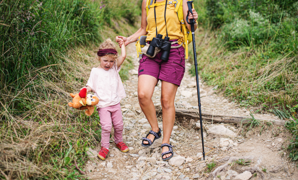 Midsection of unrecognizable mother with small crying daughter hiking outdoors in summer nature.