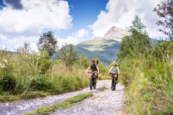 Happy family with small children cycling outdoors in summer nature, High Tatras in Slovakia.