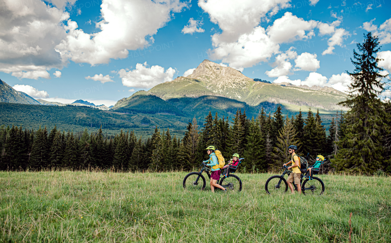 Happy family with small children cycling outdoors in summer nature, Tatra mountains Slovakia.