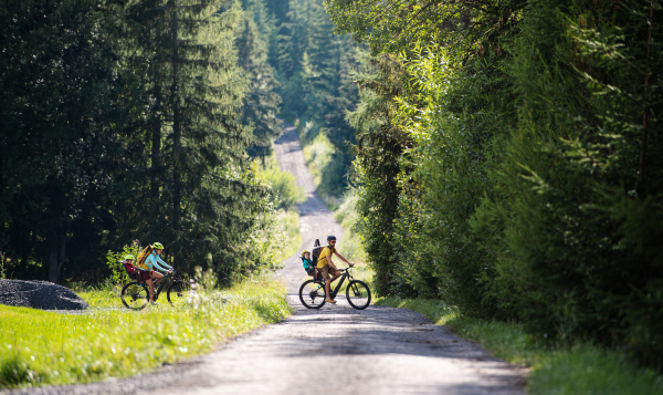 Happy family with small children cycling outdoors in summer nature.