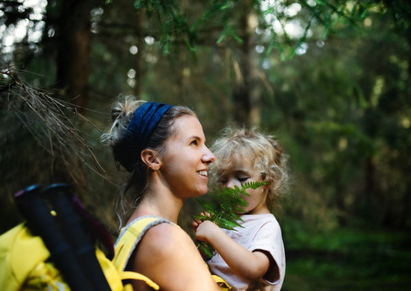 Side view of mother with small toddler daughter outdoors in summer nature, walking.