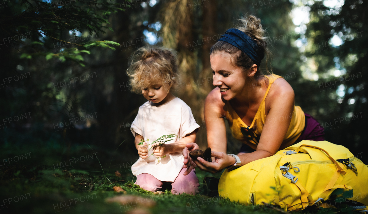 Portrait of happy mother with small daughter outdoors in summer nature, resting in forest.