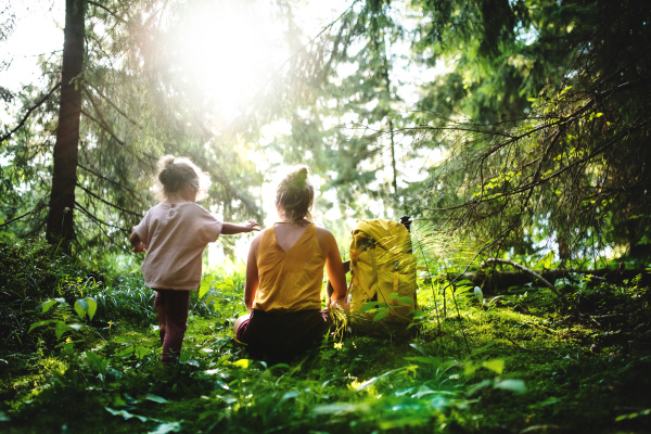 Rear view of mother with small toddler daughter outdoors in summer nature, resting.